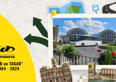 Rīgas starptautiskā autoosta attēls ar tekstu tad un tagad 1964-2024