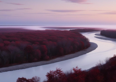 Attēlā redzama plaša dabas ainava agrā rīta vai krēslas stundā. Priekšplānā uzmanību piesaista lēzeni līkumota upe, kas sudraboti mirdz rītausmas gaismā un ietek tālēs, atdalot divus mežainus krastus. Abos krastos mežs ir iekrāsojies piesātināti sarkanīgos un tumši sārtos toņos, radot iespaidu par vēlu rudeni vai stilizētu fantāzijas ainavu. Tālākajā plānā, virs sarkano koku galotnēm, plešas balti pelēcīga migla vai dūmaka, kas pakāpeniski saplūst ar maigu, violetīgi rozā debesu nokrāsu. Debess pašā augšā kļūst gaišāka, bet apvāršņa līnijā iezīmējas siltāki, dzeltenīgāki toņi, radot krēslainu, noslēpumainu, tomēr mierpilnu noskaņu. Kopumā attēls atspoguļo klusu, estētiski spēcīgu dabas skatu, kurā dominē rudenīgās krāsas un pakāpeniska rītausmas gaisma.