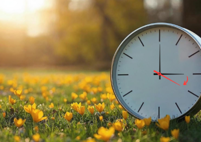 Liels apaļš pulkstenis stāv pavasara ziedu laukā, ap kuru zied dzelteni krokusi. Fonā redzama saulaina, silta diena ar mīkstu gaismu un izplūdušiem kokiem.